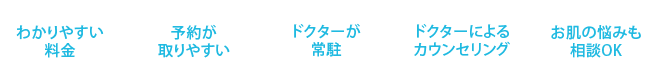 わかりやすい料金　予約が取りやすい　ドクターが常駐　ドクターによるカウンセリング　お肌の悩みも相談OK