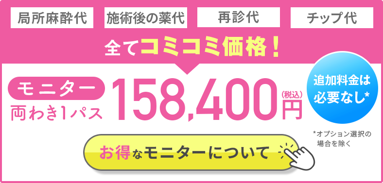 １パス照射  モニタープラン 144,000円（税込）　局所麻酔代・チップ代コミコミ料金